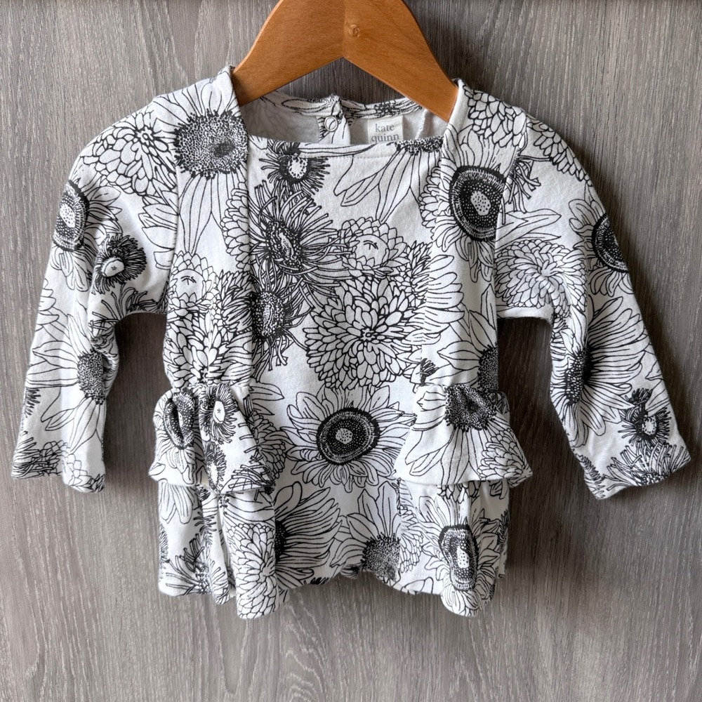 Kate Quinn Peplum Top Toddler 12-18m White Black Sunflower Floral Organic Cotton